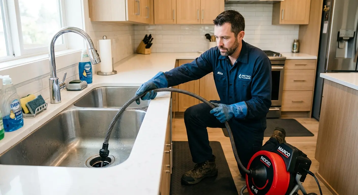 Drain cleaning technician using a motorized snake on a kitchen sink in West Samoset