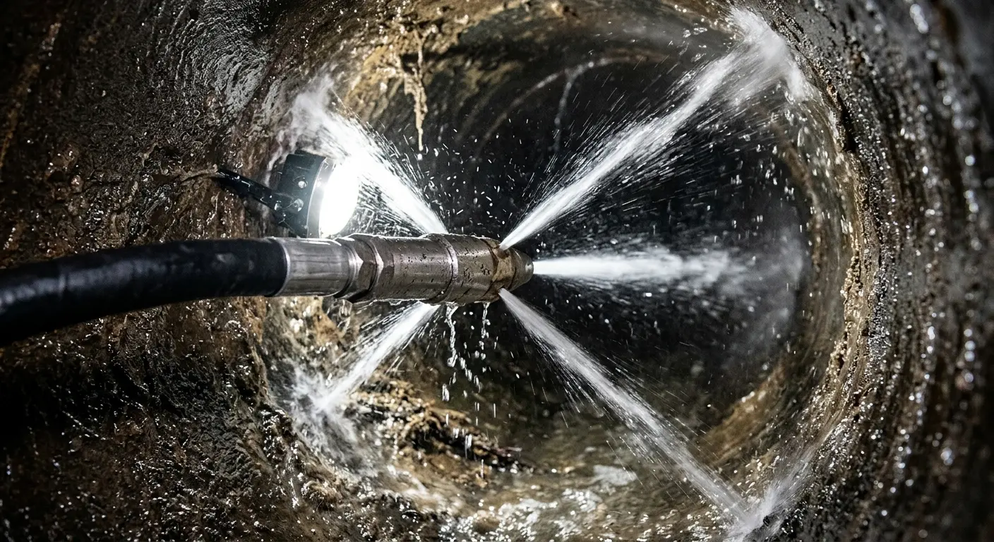 High-pressure hydro jetting nozzle cleaning sewer pipe for Sewer Line Relining in West Samoset