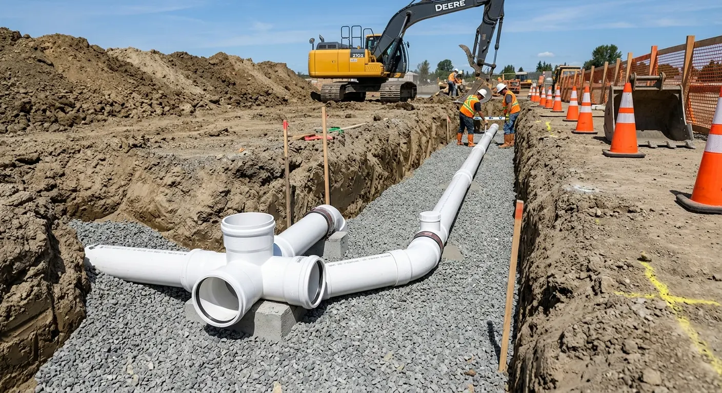 New PVC sewer pipe installation in open trench for Sewer Backup in West Samoset