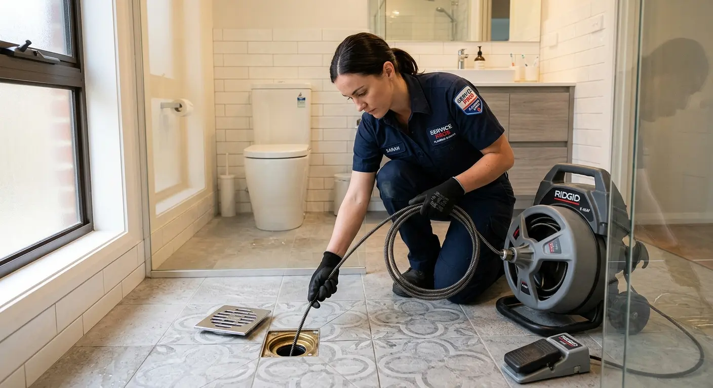 Technician clearing a bathroom floor drain for Drain Repair in West Samoset